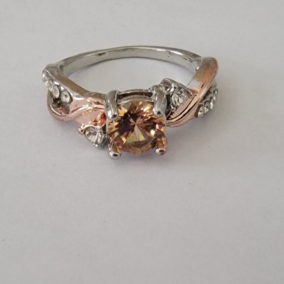 Citrine & CZ Faux Gemstones Ring in Rose & Silver Band - Picture 1 of 7